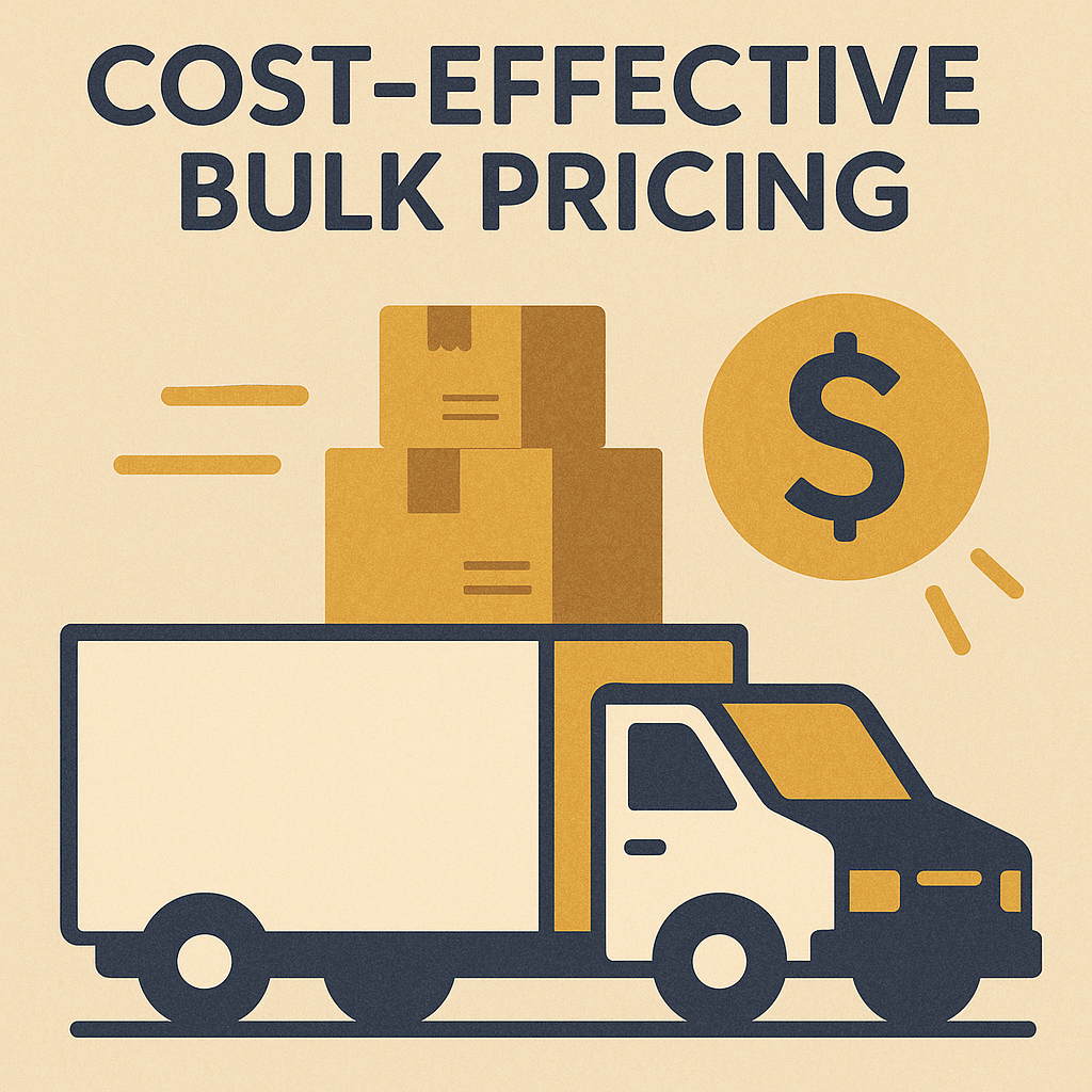 GoGo Tees Illustration of a delivery truck with boxes and a dollar sign, promoting cost-effective bulk pricing.