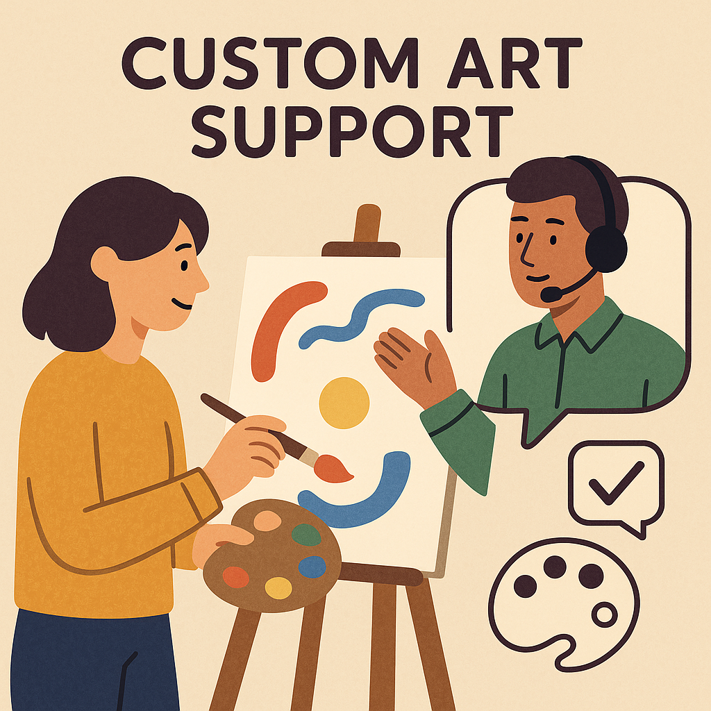GoGo Tees Illustration of a painter and a person on a call with text 'Custom Art Support' on a beige background.