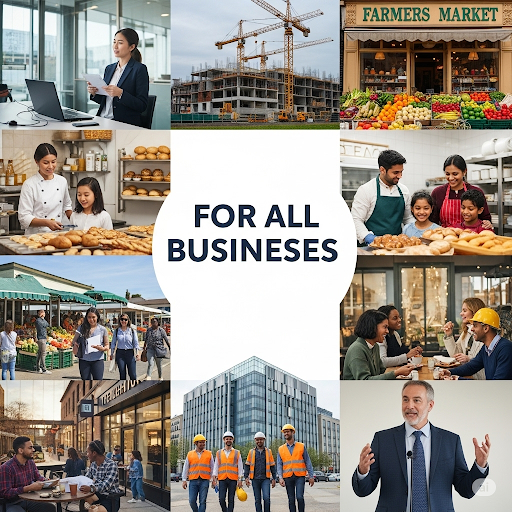 Collage of various business-related images including people at work, construction sites, and market scenes with text 'FOR ALL BUSINESSES'.