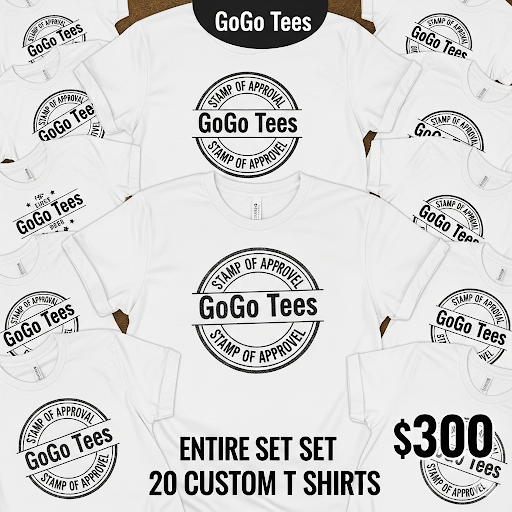 Multiple white t-shirts with GoGo Tees branding and a promotional graphic for $300 set of 20 custom t-shirts.