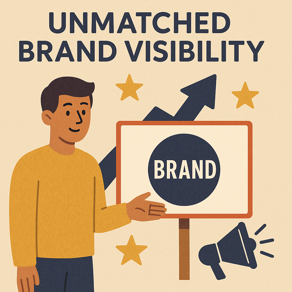 GoGO Tees Illustration of a person holding a sign with 'BRAND' and text about unmatched brand visibility on a beige background.