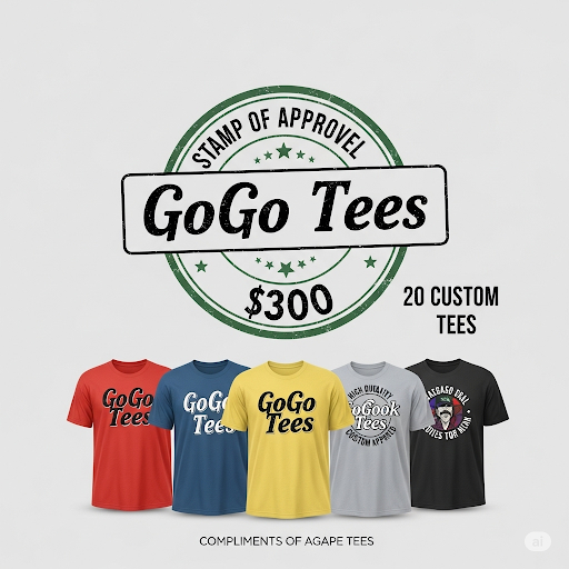 Five GoGo Tees in various colors with a 'Stamp of Approval' graphic and text.