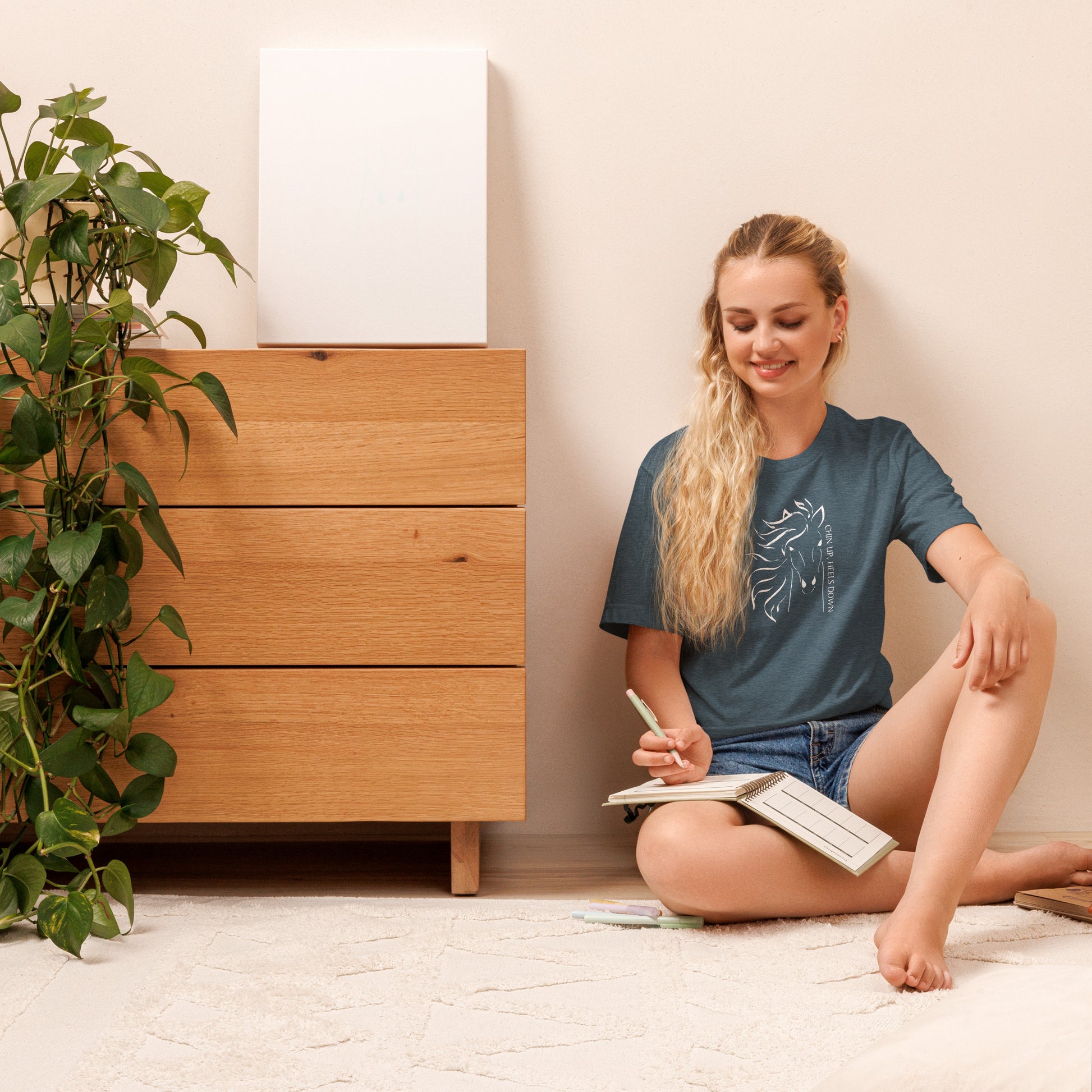 Chin Up, Heels Down GoGo Tee - GoGo Tees #gogotees #qualitycustomtops #customtees #agapetees #christconsciousness #jesuschrist #churchtithes #tithe #christlove #love #freedom #USA #god #awesome #faith #churchlife #psalm84:11 #bibleverses #bible #horses #youth