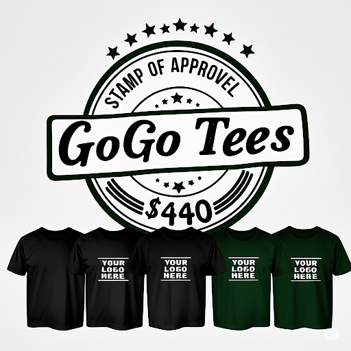 Black and green t-shirts with 'Your Logo Here' text, featuring a 'Stamp of Approval GoGo Tees' logo.