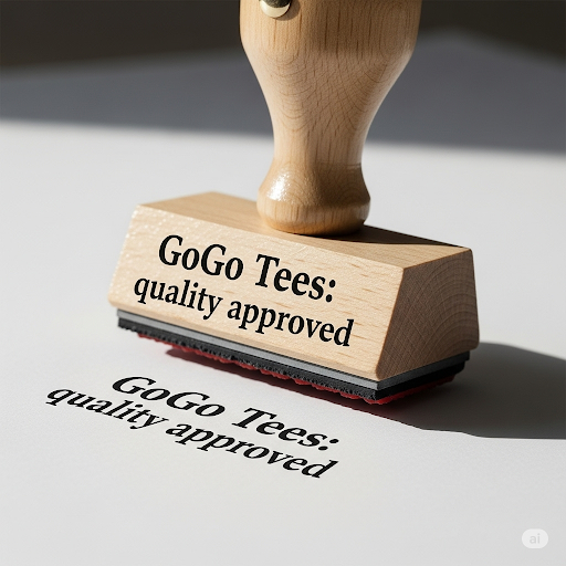 GoGo Tees Wooden stamp with 'GoGo Tees: quality approved' text on a white background