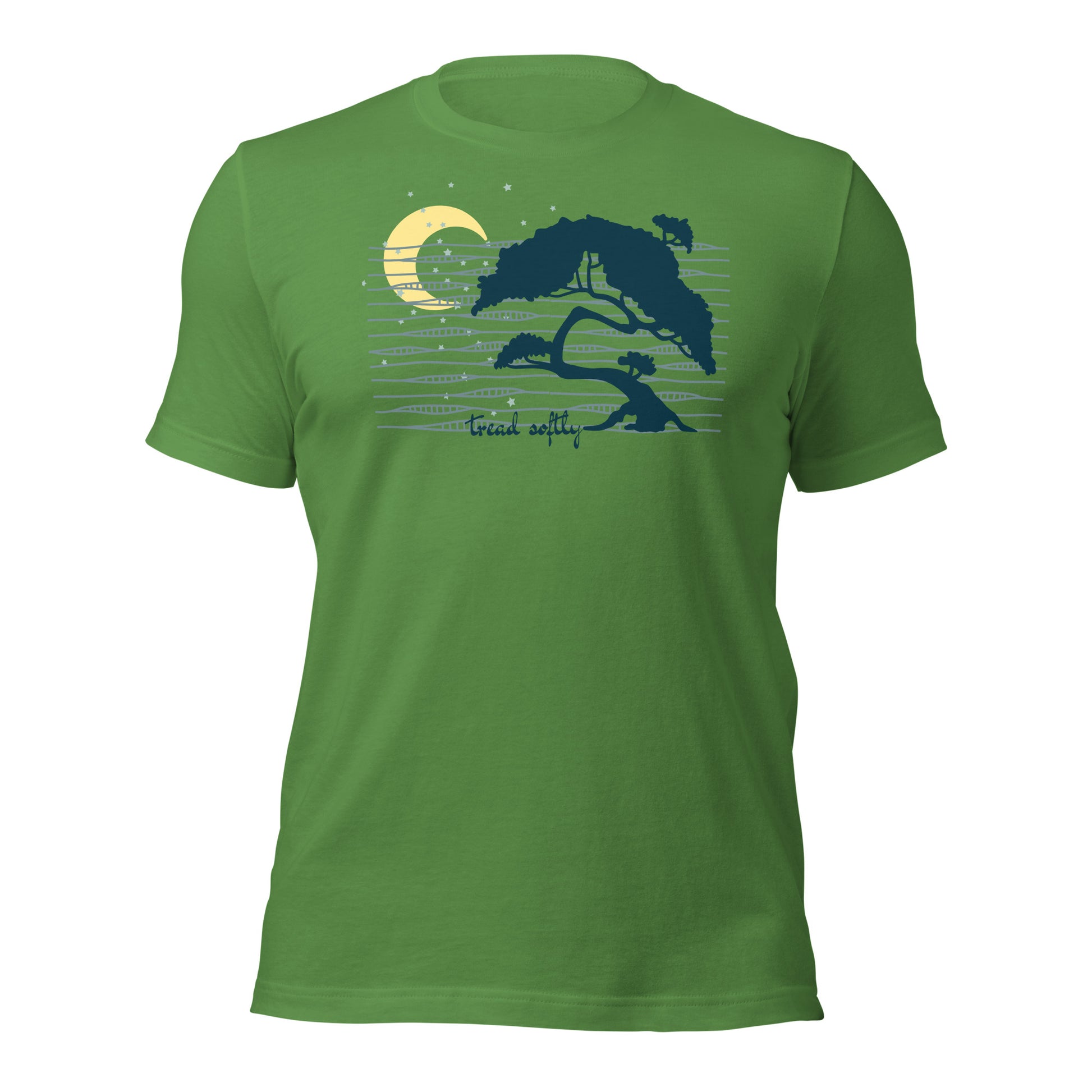 Green t-shirt with a nature-themed graphic on a white background
