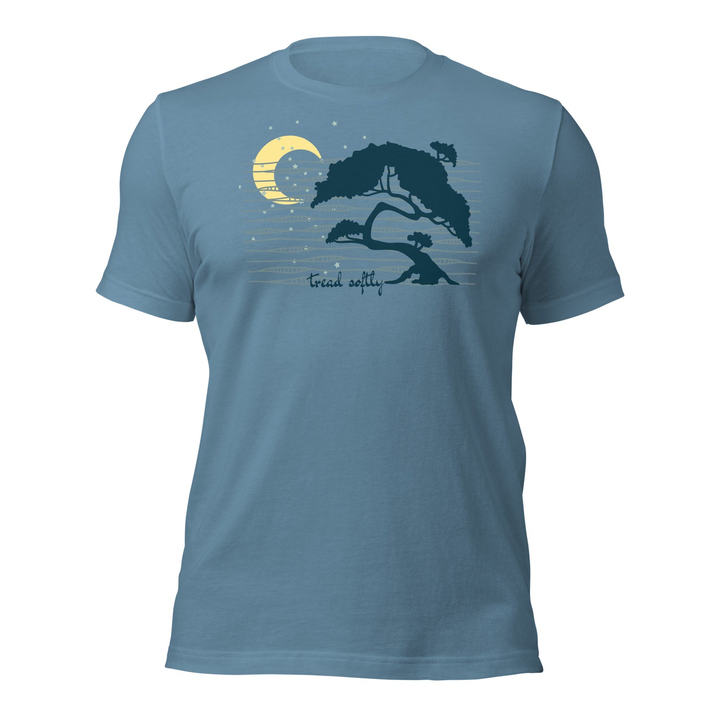 Blue t-shirt with a tree and moon design on a white background
