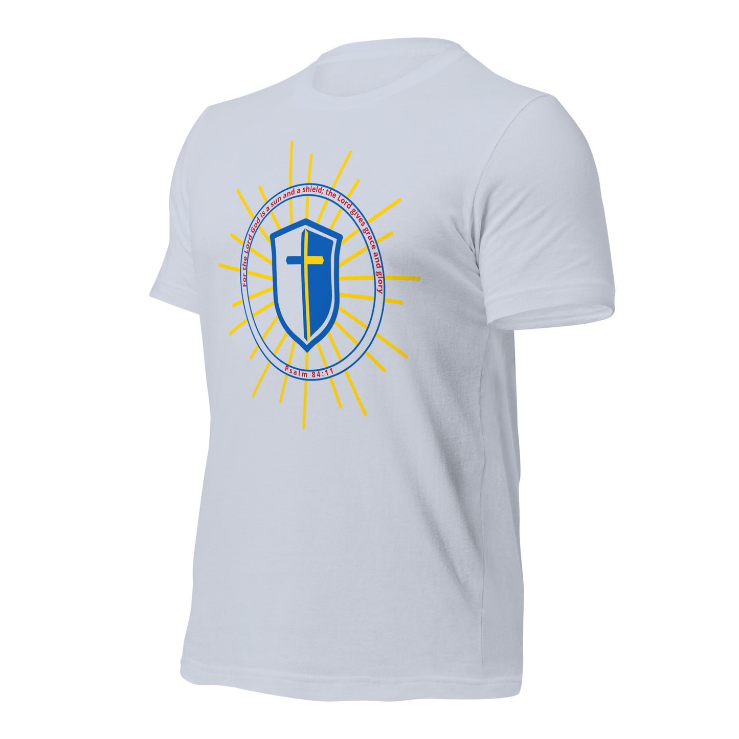 Agape t-shirt with a blue shield and yellow cross design on a white background