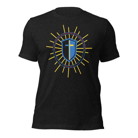 Agape Tees black t-shirt with a blue and yellow emblem on a white background
