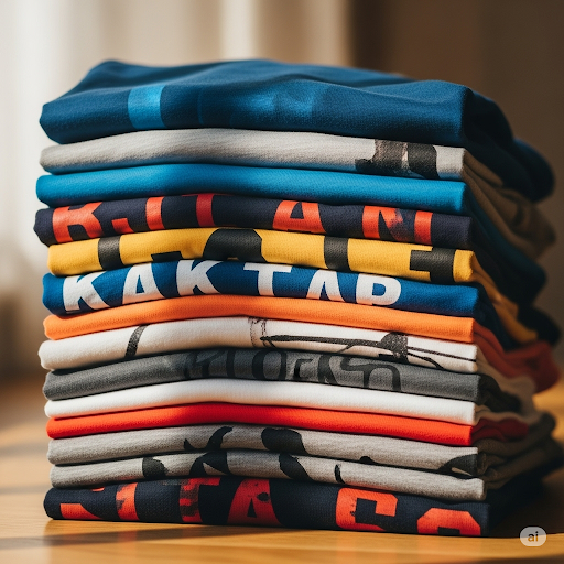 Stack of folded t-shirts with visible brand logos on a wooden surface.