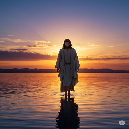Jesus in a long robe standing on water with a sunset or sunrise in the background